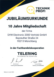 Urkunde 10 Jahre Telering Mitgliedschaft